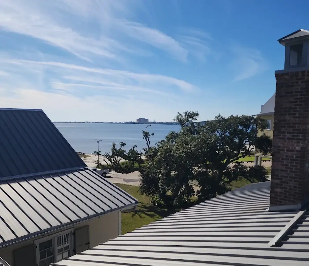 Standing seam metal roof detail on a waterfront property