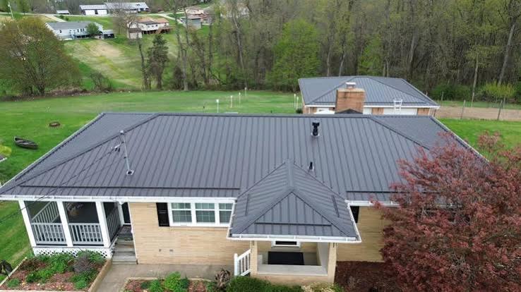 Drone view of a charcoal standing seam metal roof