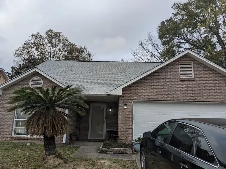 Brick home with palm tree and new roof